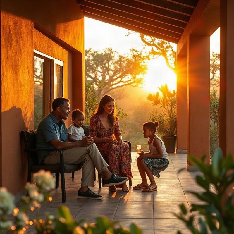 Family relaxing on the veranda of a Kitale home in amber-gold afternoon light