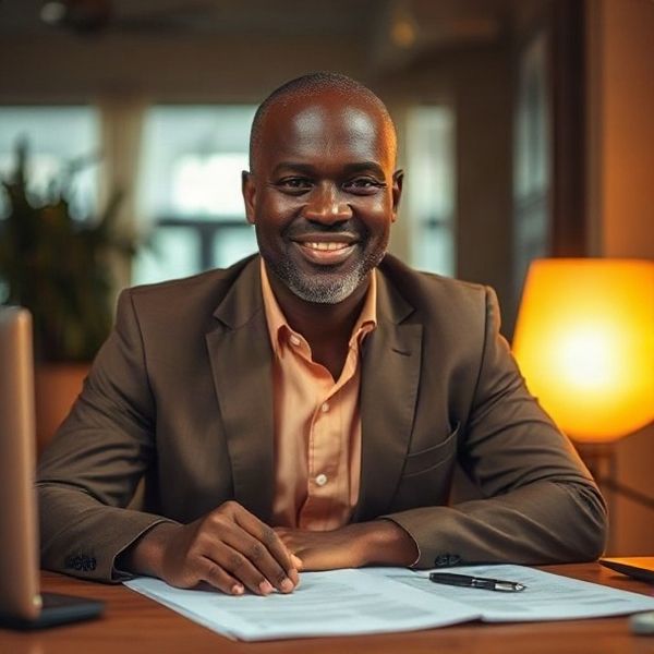 Portrait of a Kenyan property consultant at a desk in amber-gold light
