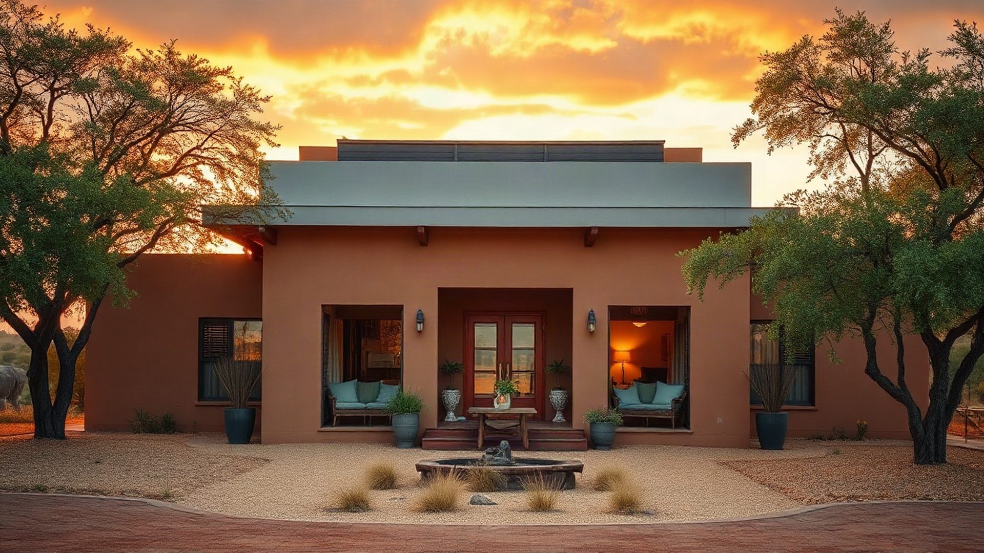 Contemporary Kenyan house facade in warm amber-gold Kitale afternoon light